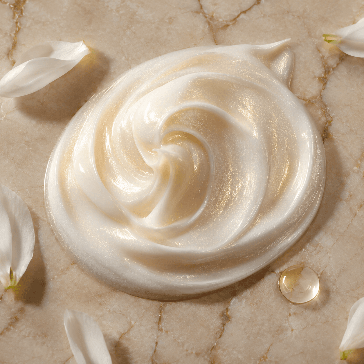 Pearly white lotion swatch on marble surface